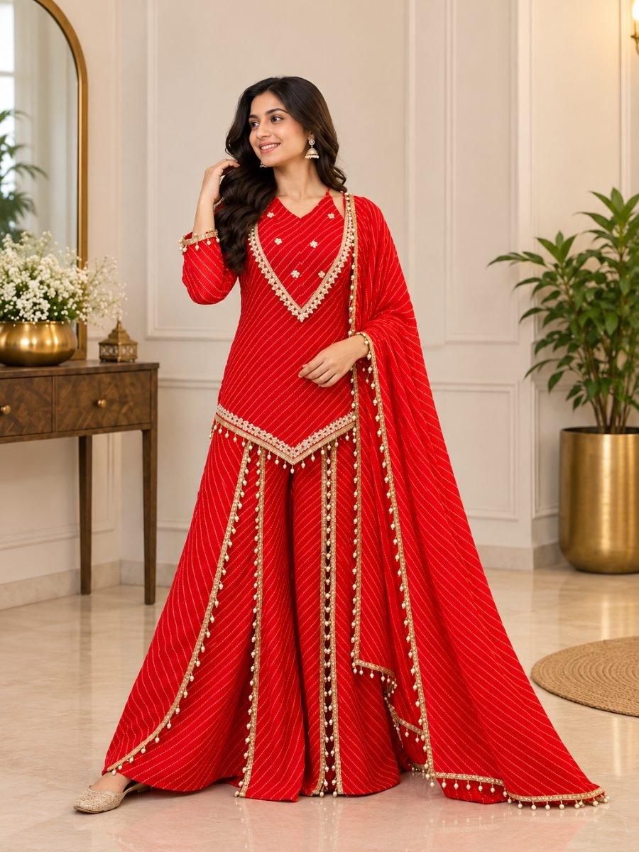 Ruhani Red Leheriya Palazzo Set with Dupatta