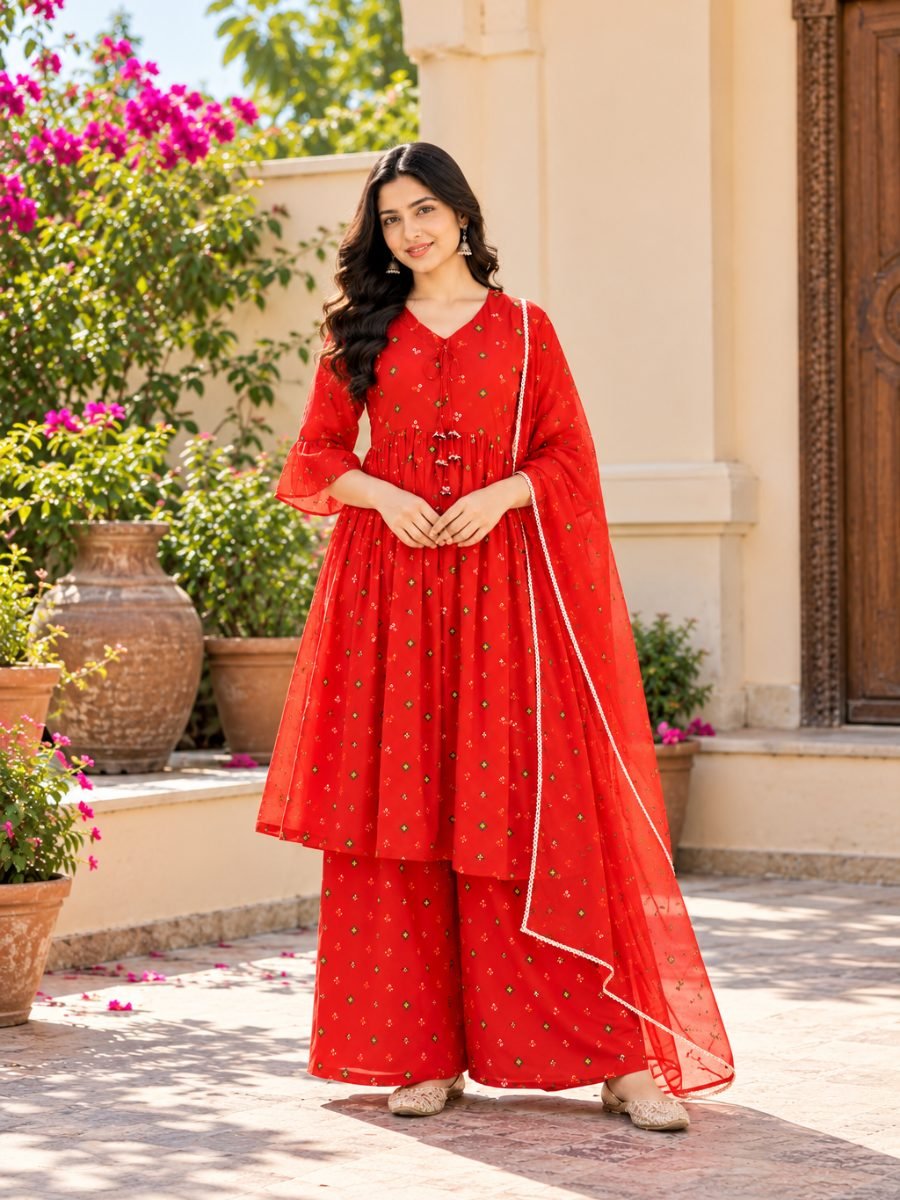 Gulnaar Red Printed Anarkali Kurta Palazzo Set with Dupatta