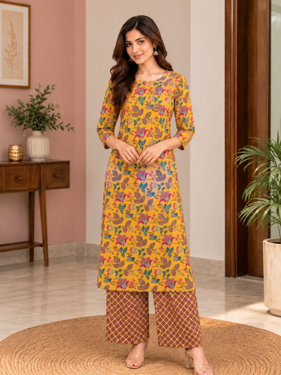 Mustard Bloom Floral Kurta Pant Set