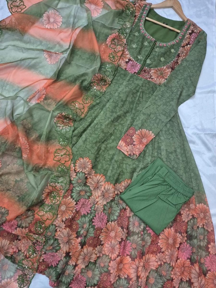 Sage Bloom Floral Georgette Anarkali Suit Set