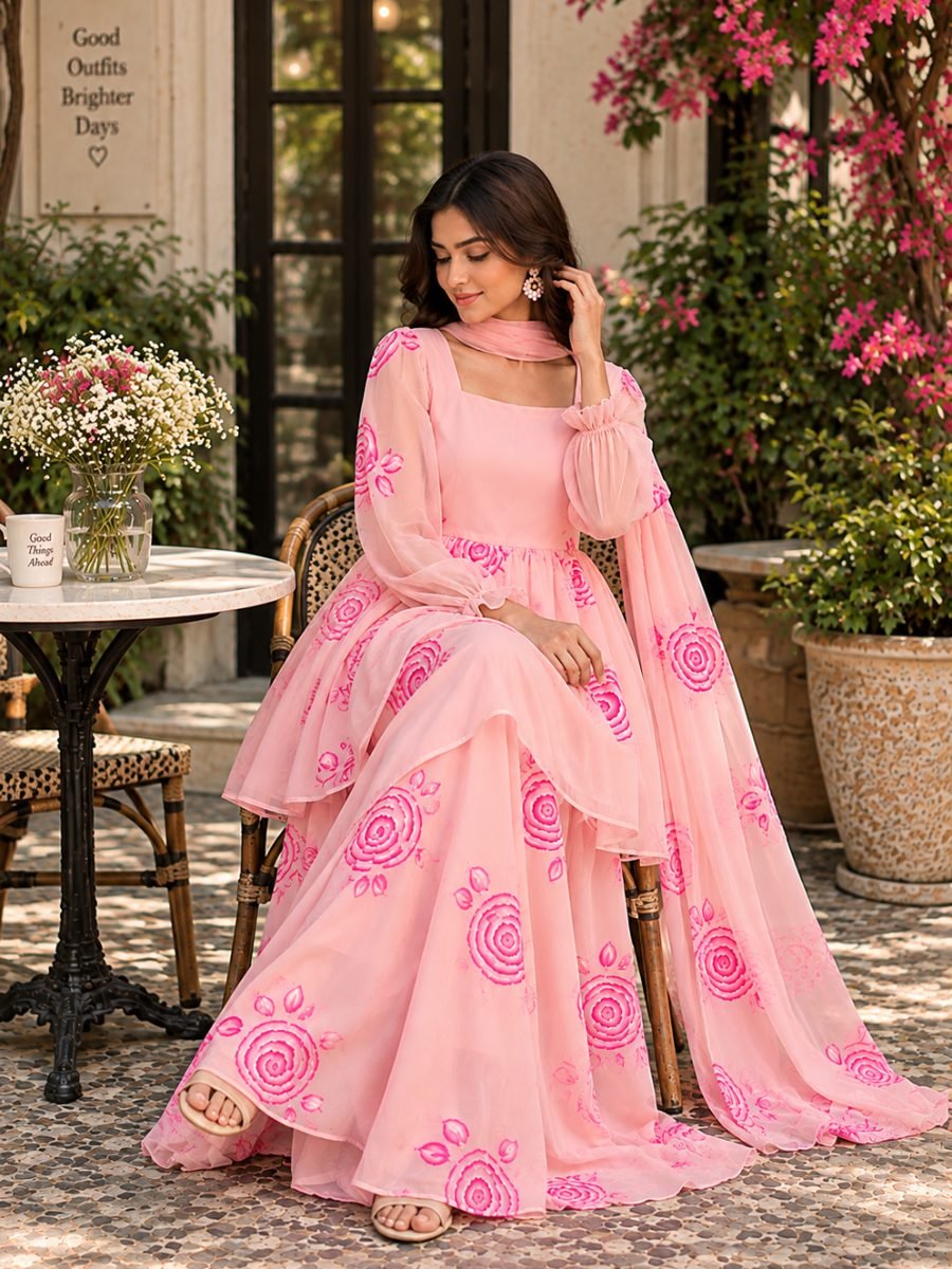Peach Pink Hand-Painted Chiffon Top, Palazzo & Dupatta Set