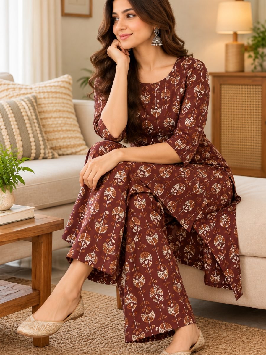 Mahira Maroon Floral Printed Kurta Pant Set
