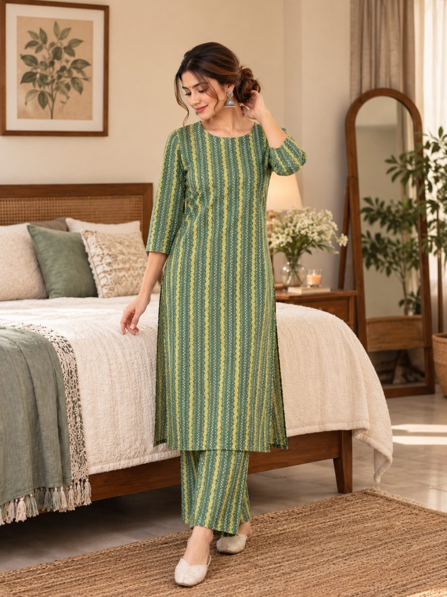 Meher Sage Green Printed Kurta Pant Set
