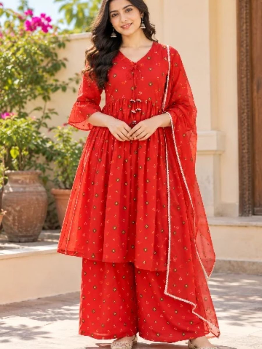 Gulnaar Red Printed Anarkali Kurta Palazzo Set with Dupatta