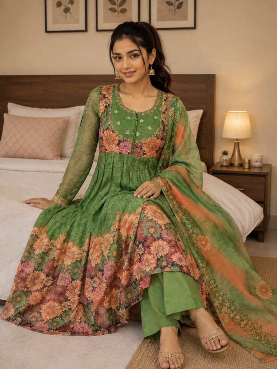 Sage Bloom Floral Georgette Anarkali Suit Set