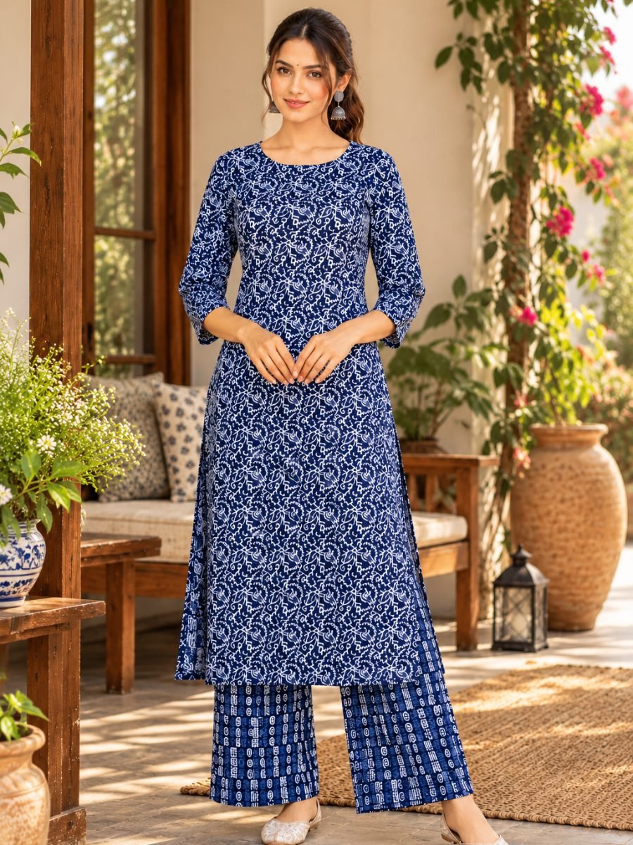 Neelika Indigo Floral Printed Kurta Pant Set