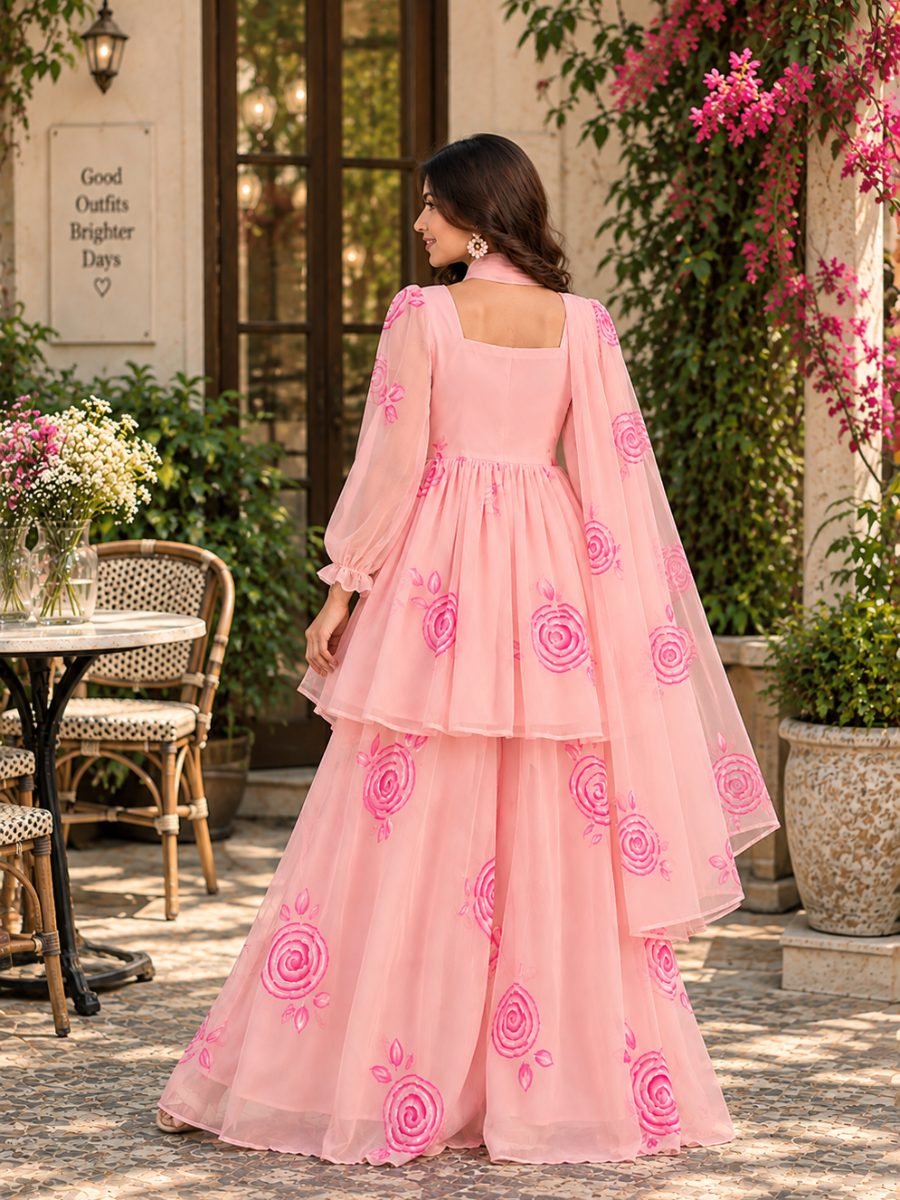 Peach Pink Hand-Painted Chiffon Top, Palazzo & Dupatta Set