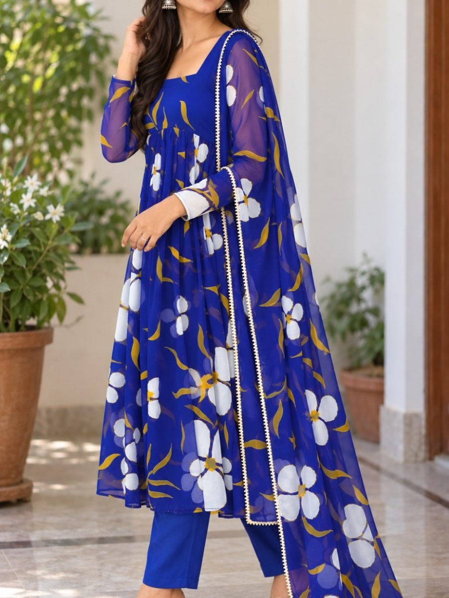 Royal Blue Floral Chiffon Anarkali Kurta Pant & Dupatta Set