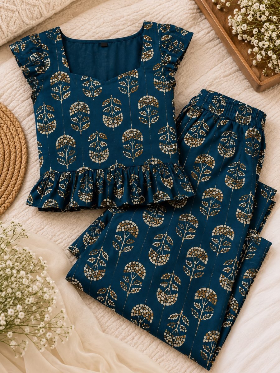 Teal Floral Print Peplum Top & Palazzo Co-ord Set