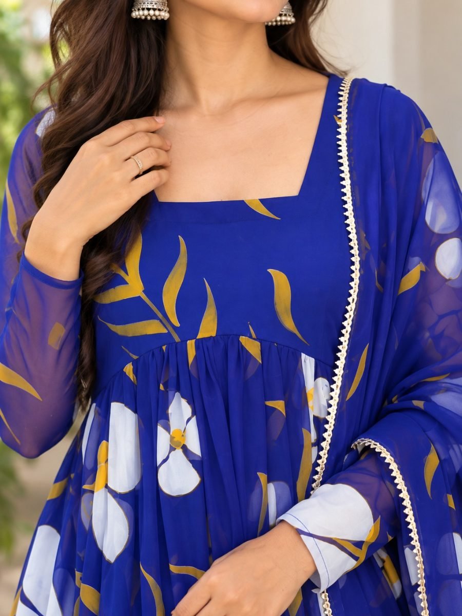 Royal Blue Floral Chiffon Anarkali Kurta Pant & Dupatta Set