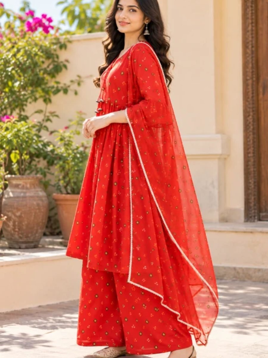 Gulnaar Red Printed Anarkali Kurta Palazzo Set with Dupatta