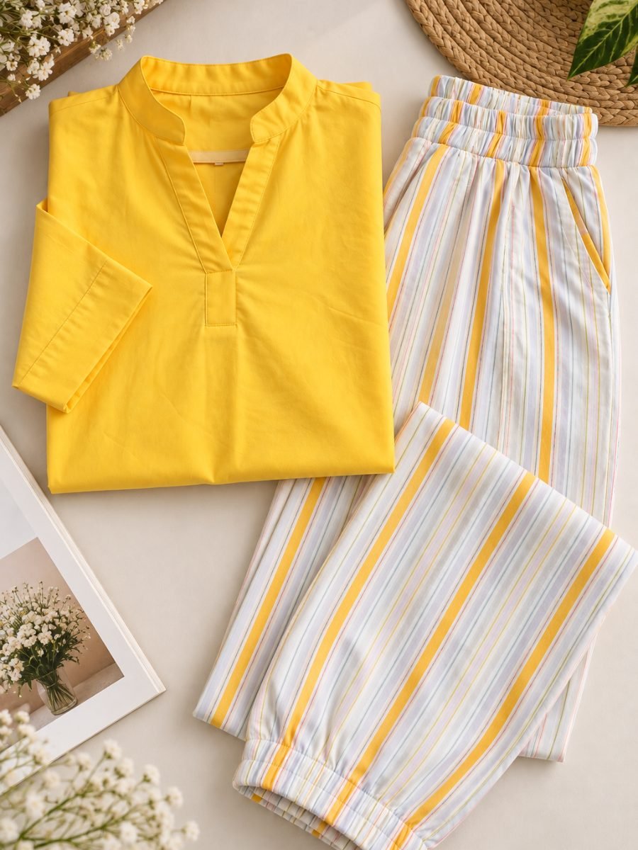 High-Low Cotton Kurta & Striped Pant Co-ord Set