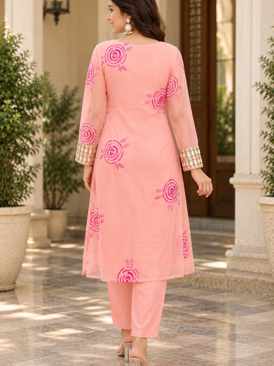 Peach Pink Floral Mirror Work Kurta Pant Set