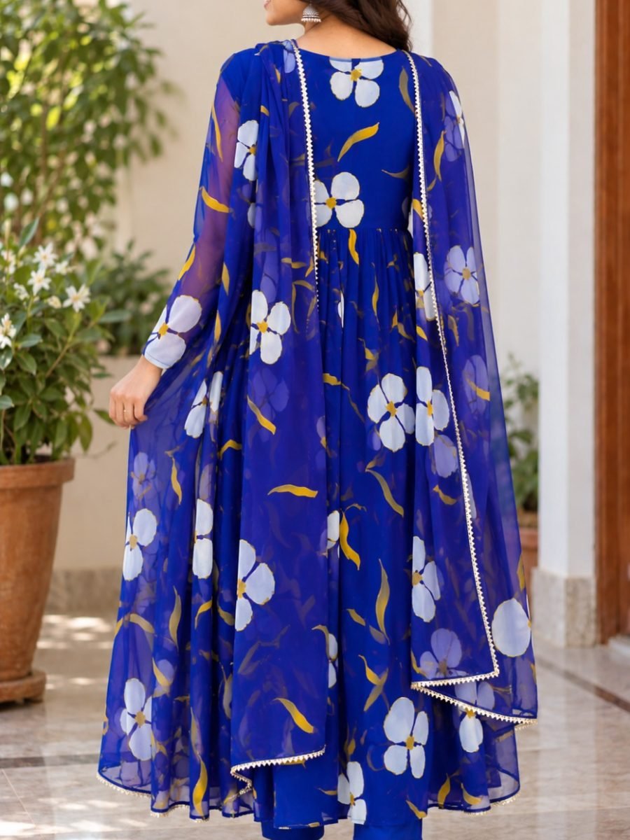 Royal Blue Floral Chiffon Anarkali Kurta Pant & Dupatta Set
