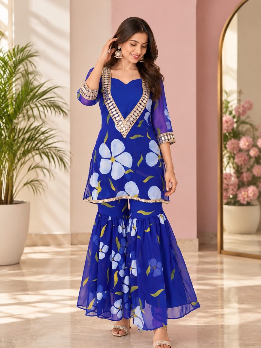 Royal Blue Floral Chiffon Kurta with Sharara Set