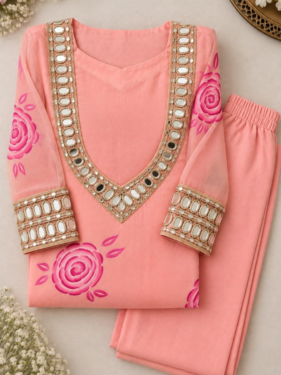 Peach Pink Floral Mirror Work Kurta Pant Set