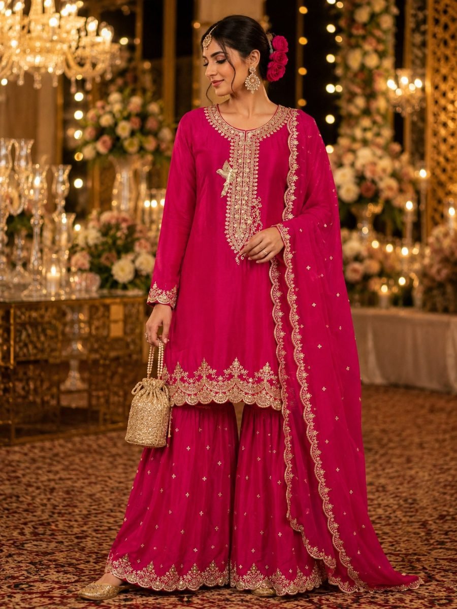Rani Royale Chinnon Silk Embroidered Sharara Set