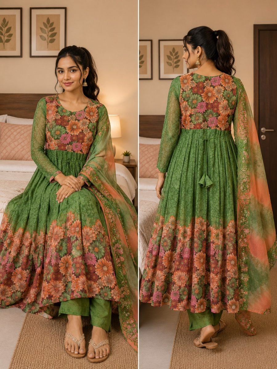 Sage Bloom Floral Georgette Anarkali Suit Set
