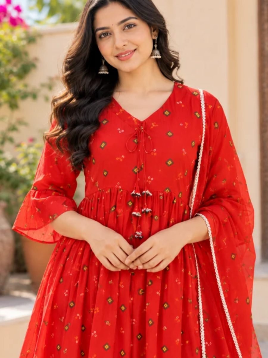 Gulnaar Red Printed Anarkali Kurta Palazzo Set with Dupatta