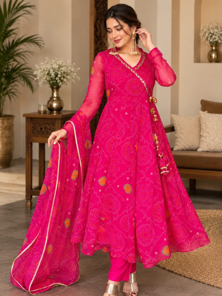 Bandhej Chiffon Angrakha Suit Set