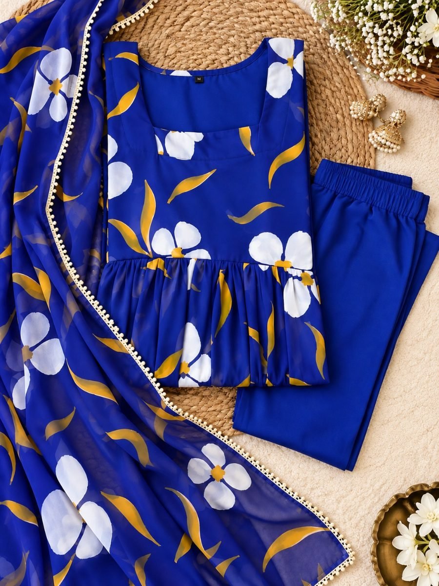 Royal Blue Floral Chiffon Anarkali Kurta Pant & Dupatta Set