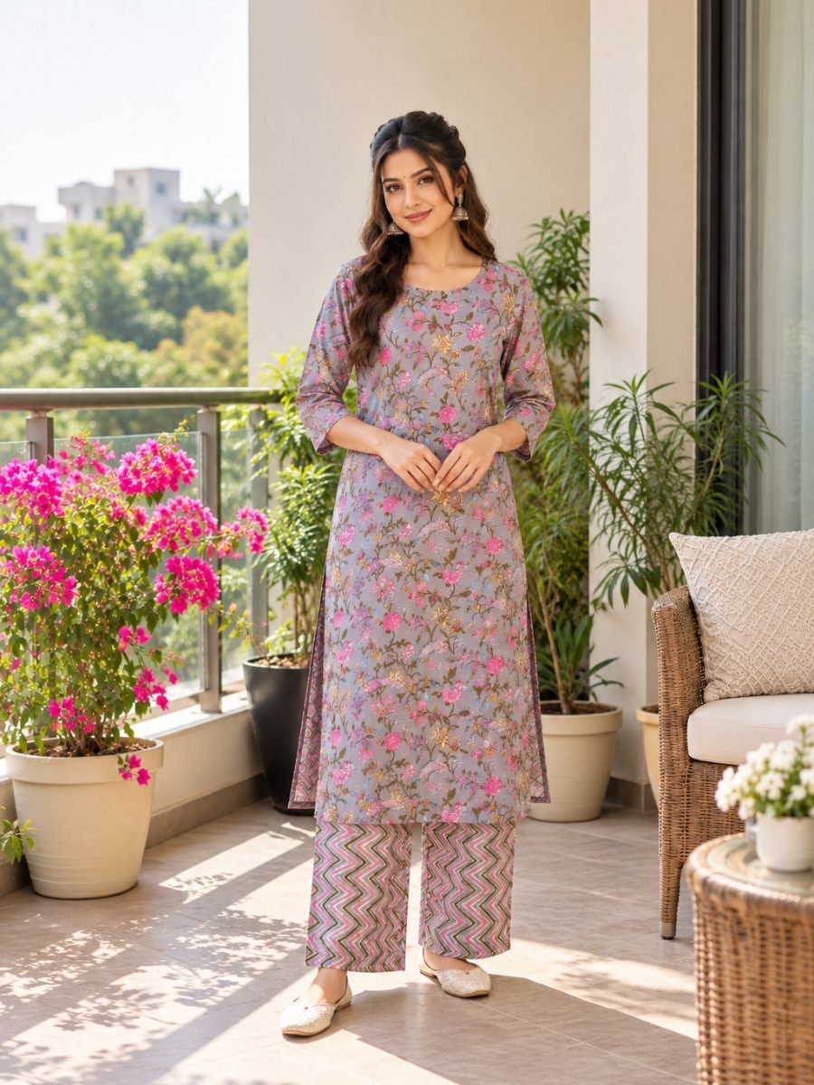 Gulisha Grey Floral Printed Kurta & Chevron Pant Set