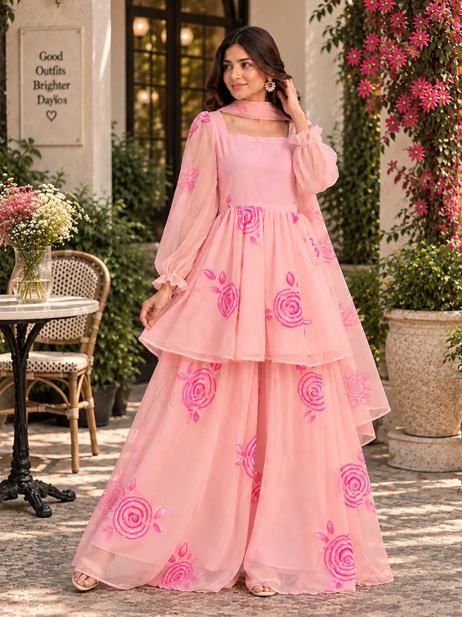 Peach Pink Hand-Painted Chiffon Top, Palazzo & Dupatta Set