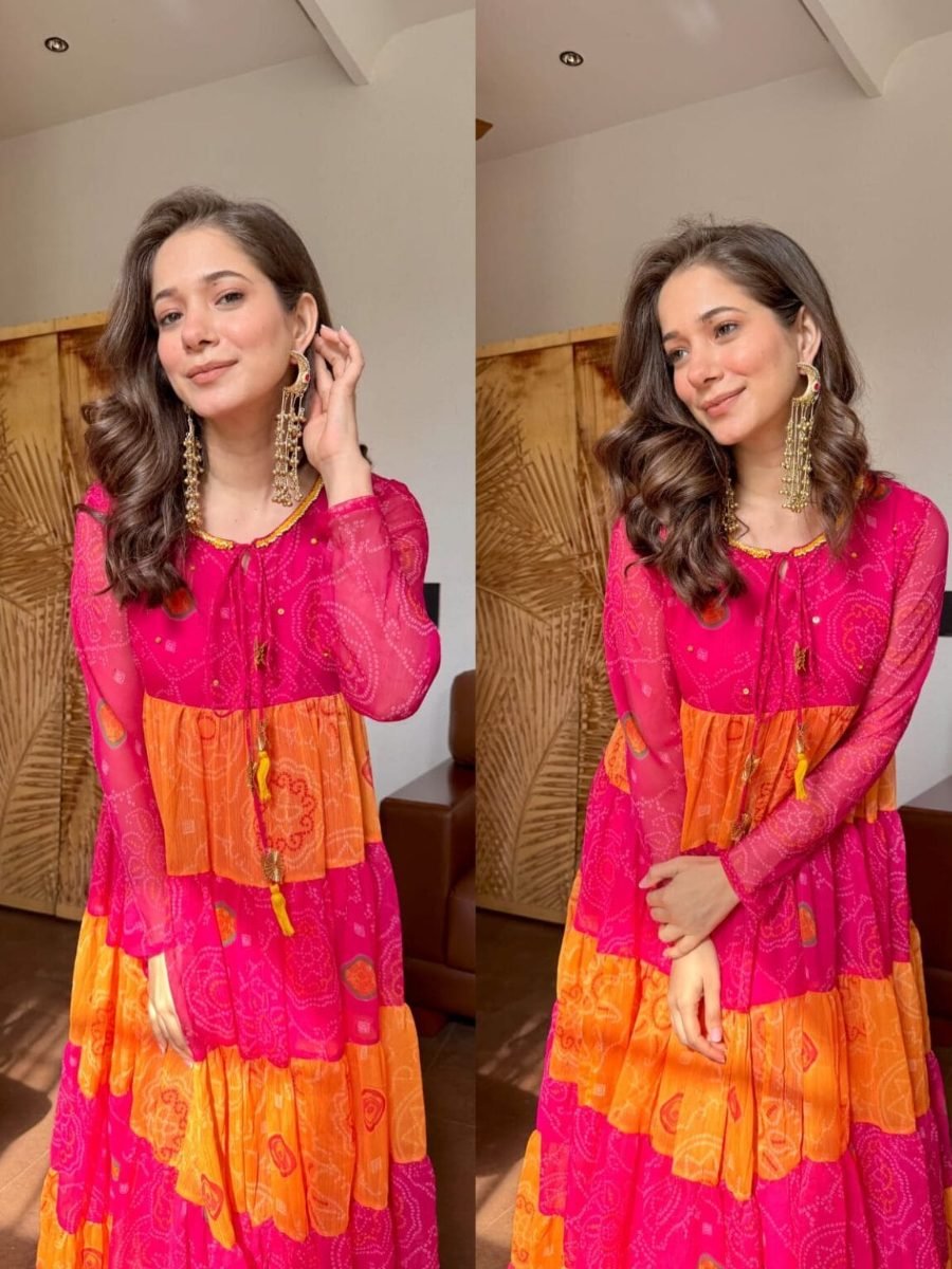 Pure Chiffon Tiered Bandhej Gown with Hand work