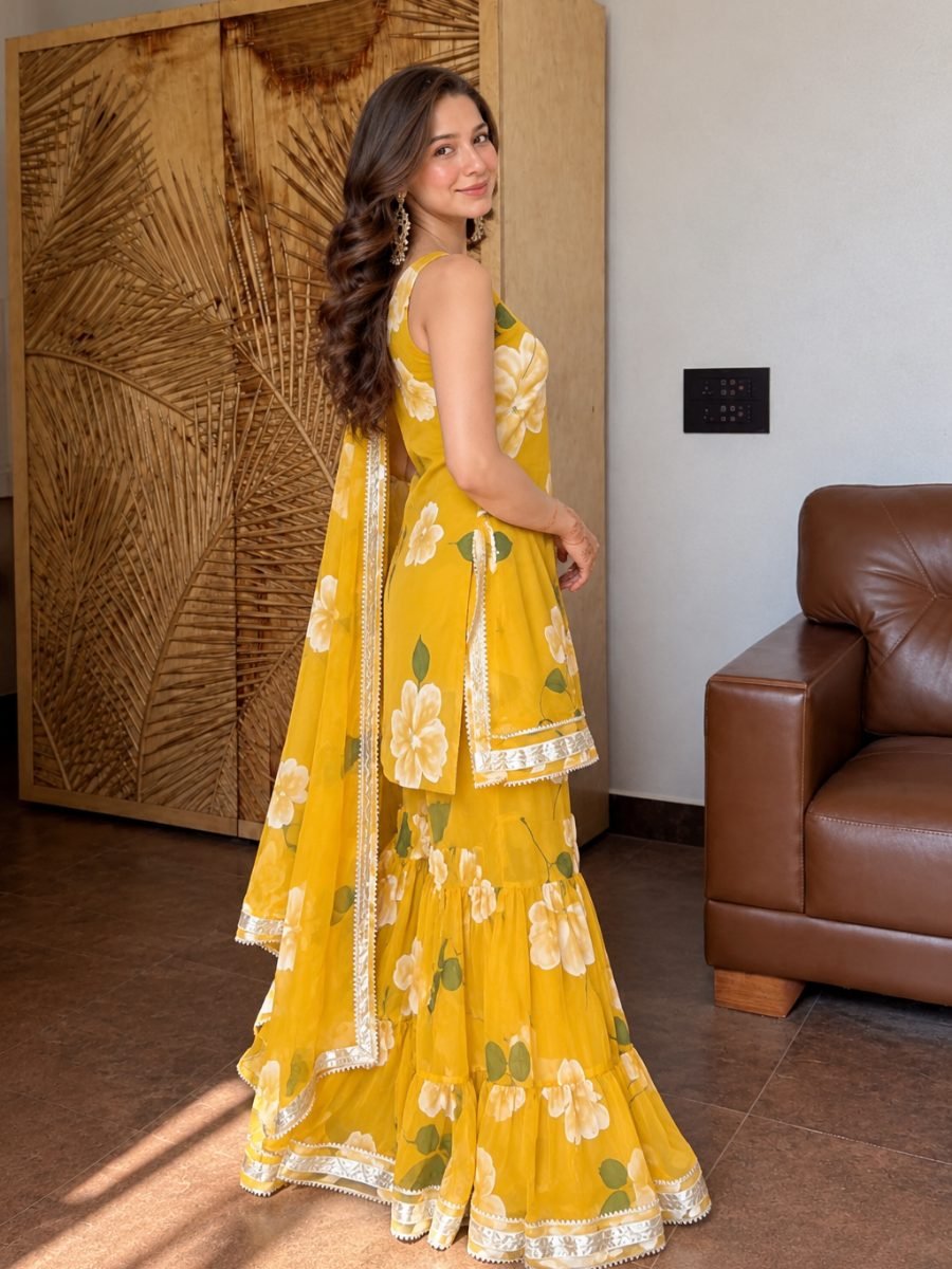 Aurelle Yellow Floral Sharara Set