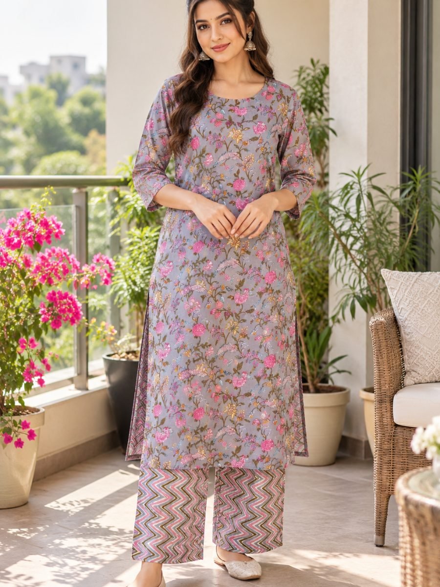 Gulisha Grey Floral Printed Kurta & Chevron Pant Set