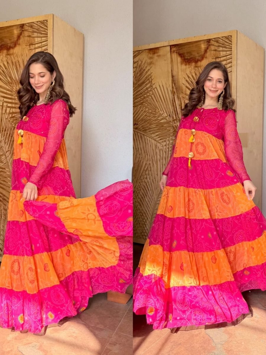 Pure Chiffon Tiered Bandhej Gown with Hand work