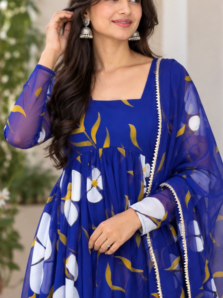 Royal Blue Floral Chiffon Anarkali Kurta Pant & Dupatta Set