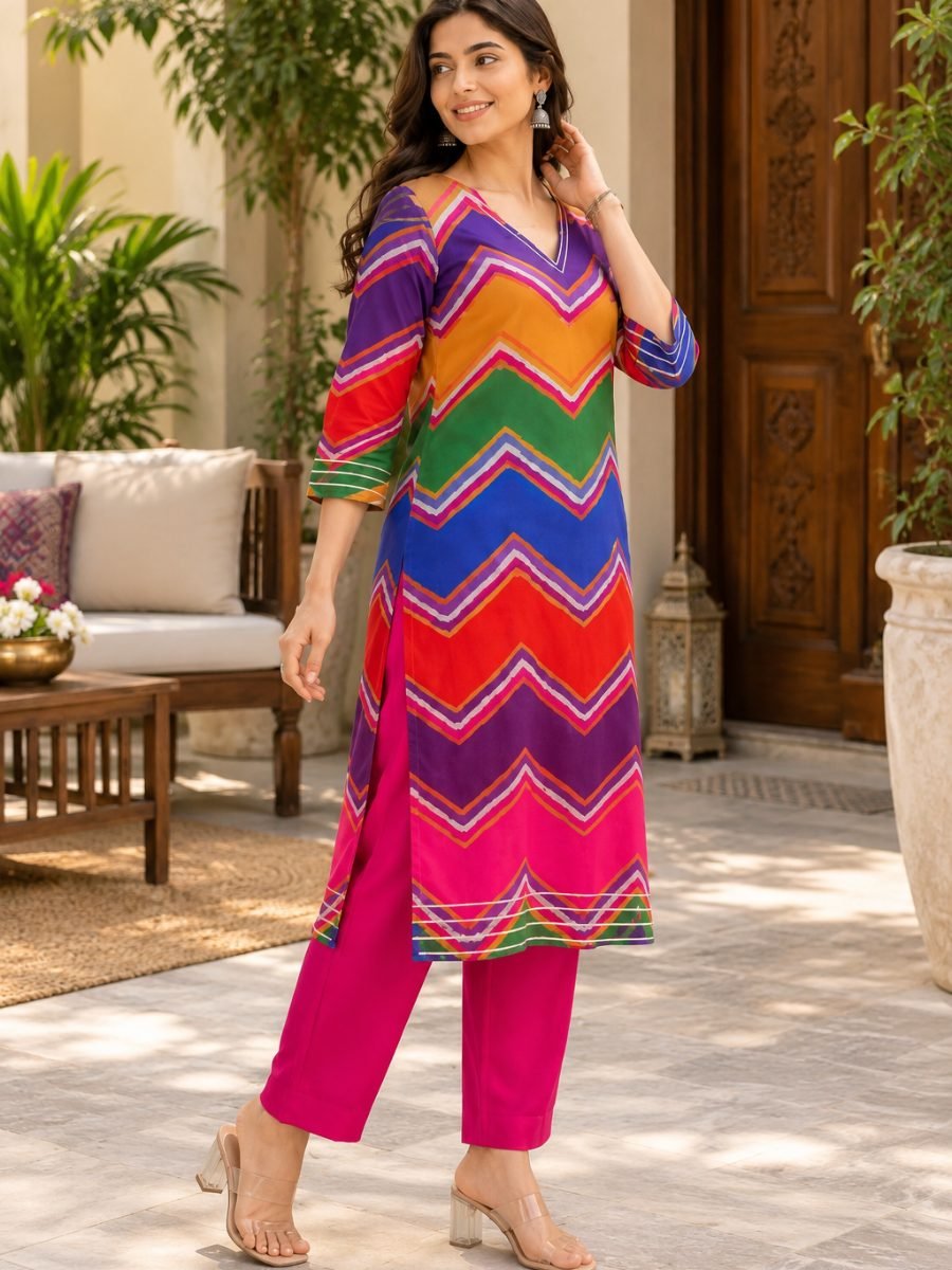 Multicolor Lehriya Printed Straight Kurta with Pant