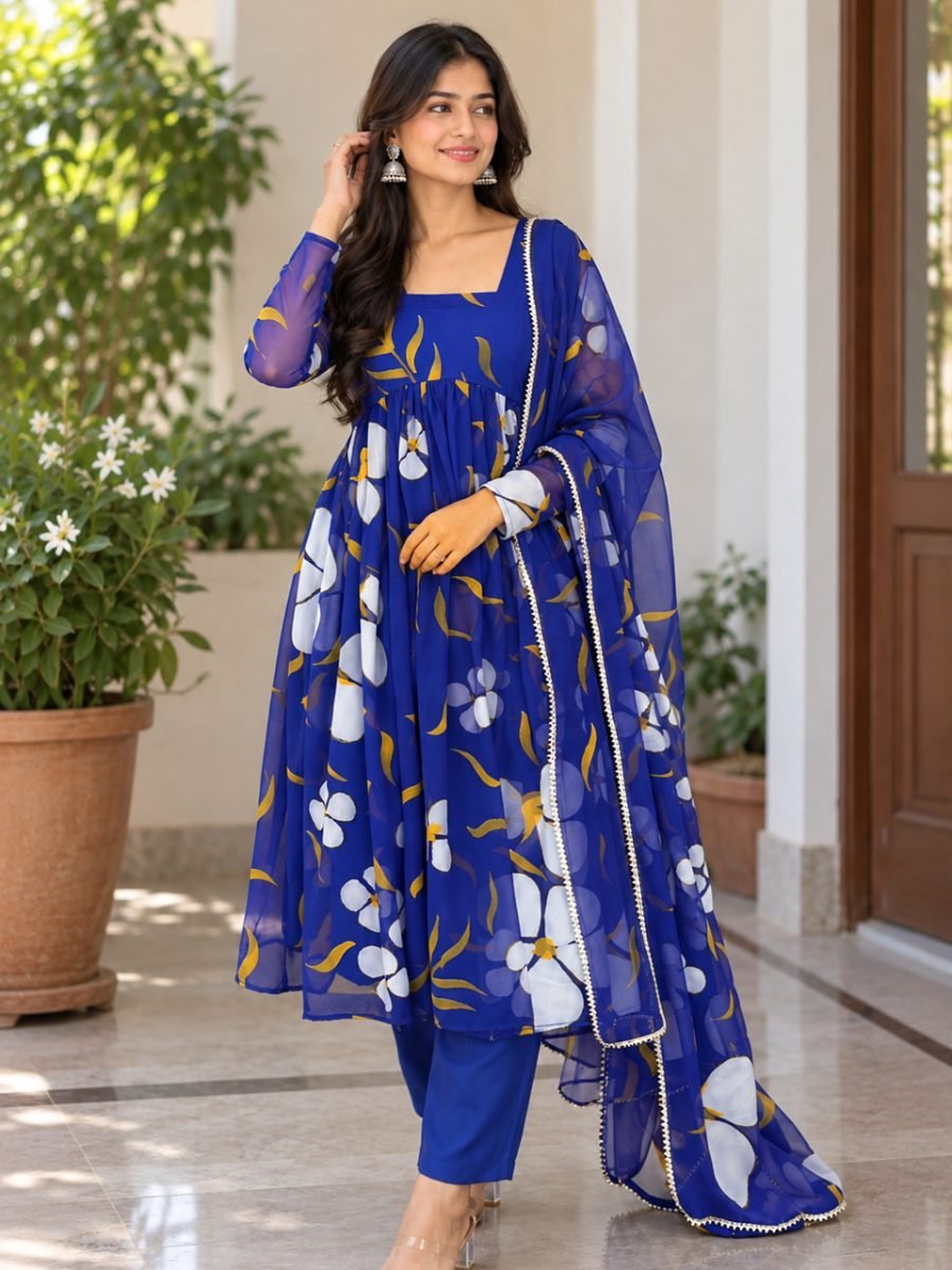 Royal Blue Floral Chiffon Anarkali Kurta Pant & Dupatta Set